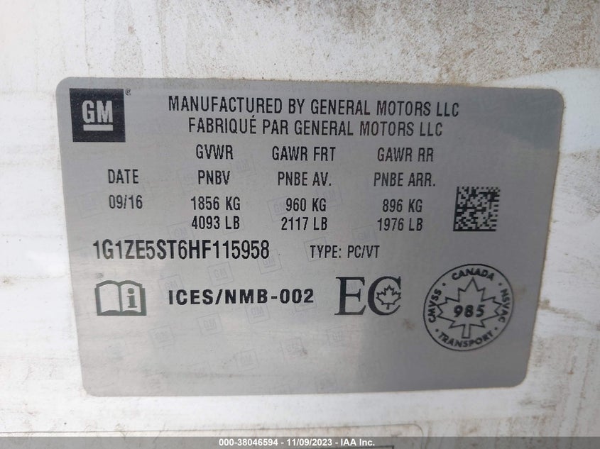 2017 Chevrolet Malibu 1Lt VIN: 1G1ZE5ST6HF115958 Lot: 38046594