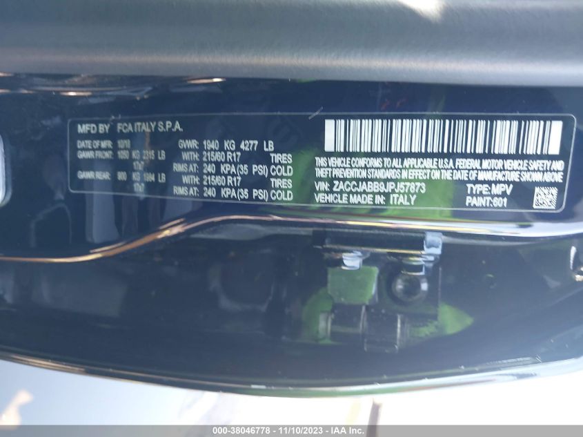 2018 Jeep Renegade Latitude Fwd VIN: ZACCJABB9JPJ57873 Lot: 38046778