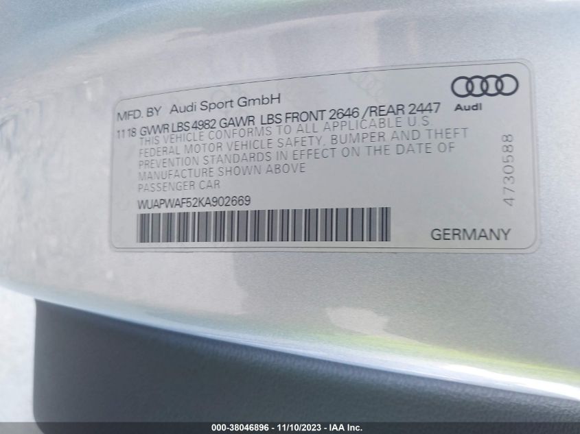 2019 Audi Rs 5 2.9T VIN: WUAPWAF52KA902669 Lot: 38046896