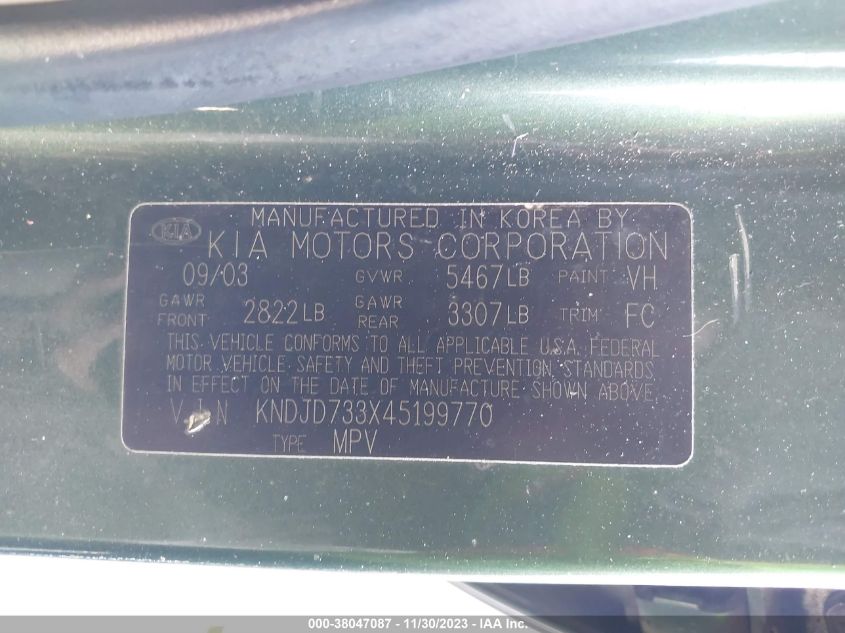 KNDJD733X45199770 2004 Kia Sorento Ex/Lx