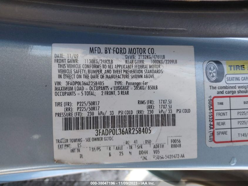 2010 Ford Fusion Hybrid Hybrid VIN: 3FADP0L36AR258405 Lot: 38047196