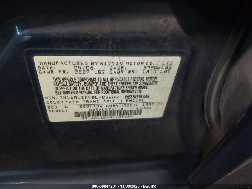 2008 Nissan Sentra 2.0S VIN: 3N1AB61E48L705686 Lot: 38047281