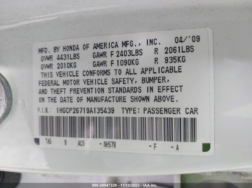 2009 Honda Accord 2.4 Ex VIN: 1HGCP26719A135439 Lot: 38047329