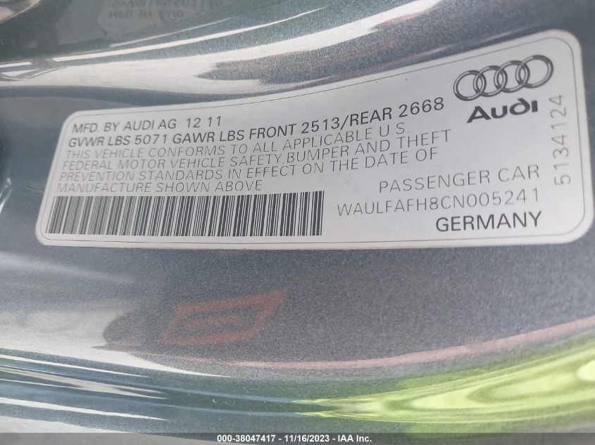 WAULFAFH8CN005241 2012 Audi A5 2.0T Premium