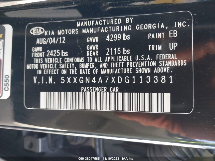 2013 Kia Optima Ex VIN: 5XXGN4A7XDG113381 Lot: 38047585