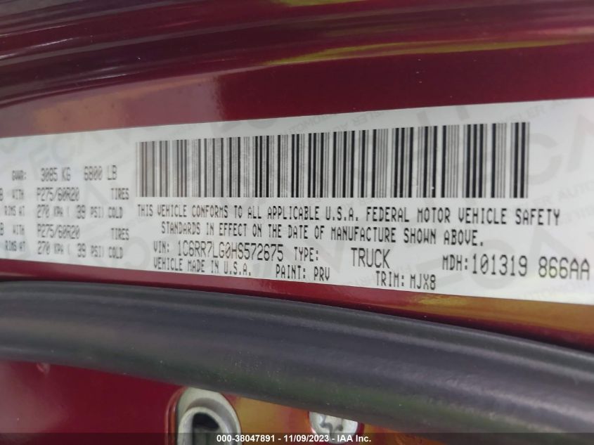 2017 Ram 1500 Big Horn 4X4 5'7" Box VIN: 1C6RR7LG0HS572675 Lot: 38047891