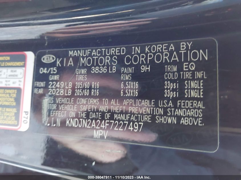 2015 Kia Soul Base VIN: KNDJN2A24F7227497 Lot: 38047911