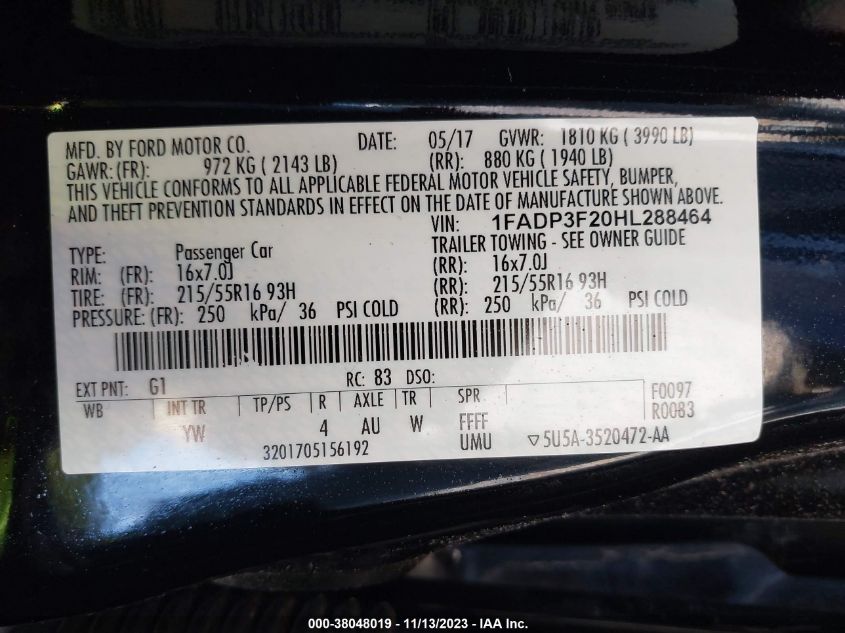 1FADP3F20HL288464 2017 Ford Focus Se