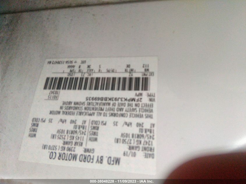 2019 Ford Edge Sel VIN: 2FMPK3J93KBB69935 Lot: 38048228