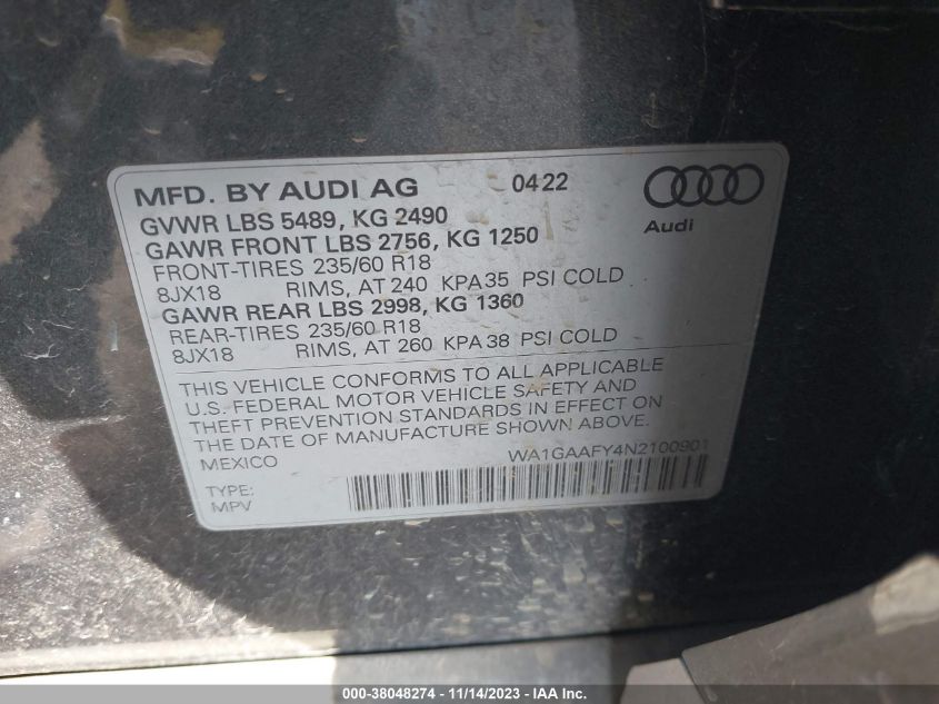 2022 Audi Q5 Premium 45 Tfsi S Line VIN: WA1GAAFY4N2100901 Lot: 38048274