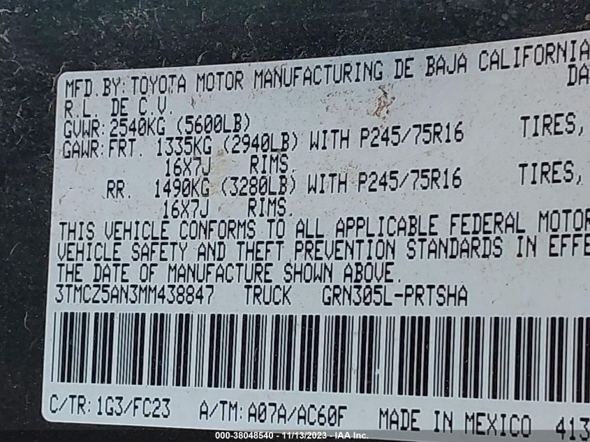 2021 Toyota Tacoma Sr5 V6 VIN: 3TMCZ5AN3MM438847 Lot: 38048540