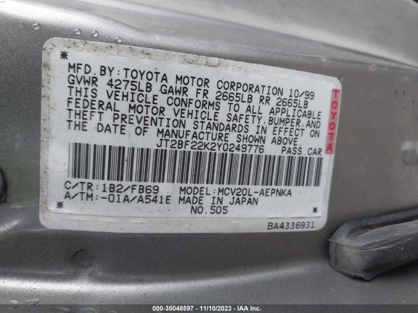 2000 Toyota Camry Le V6 VIN: JT2BF22K2Y0249776 Lot: 38048597