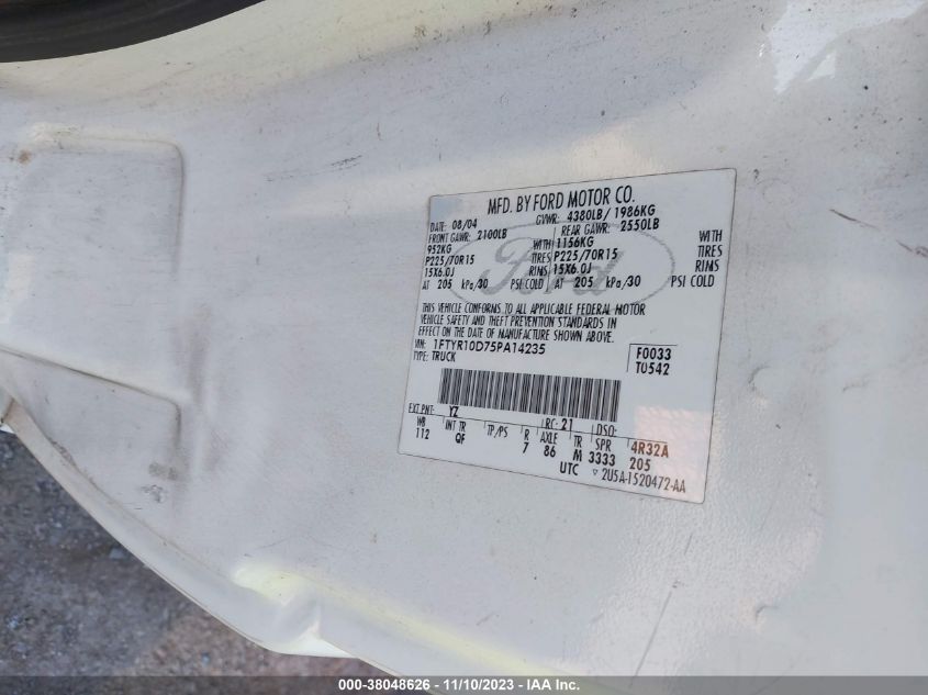 2005 Ford Ranger Xl/Xls/Xlt VIN: 1FTYR10D75PA14235 Lot: 38048626