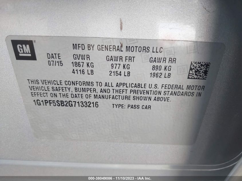 2016 Chevrolet Cruze Limited Lt VIN: 1G1PF5SB2G7133216 Lot: 38049086