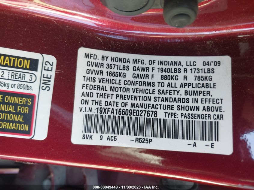 2009 Honda Civic Lx-S VIN: 19XFA16609E027678 Lot: 38049449
