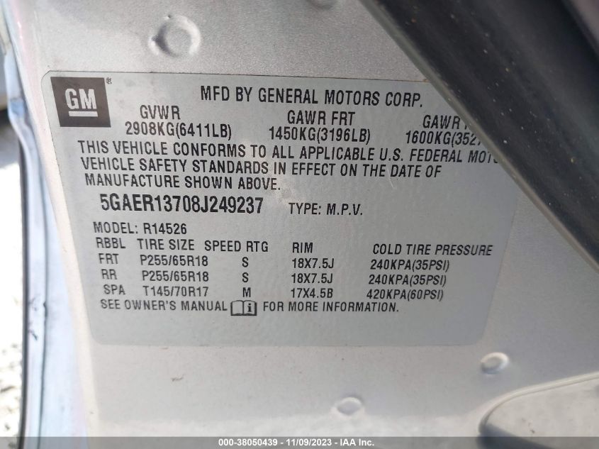 2008 Buick Enclave Cx VIN: 5GAER13708J249237 Lot: 38050439