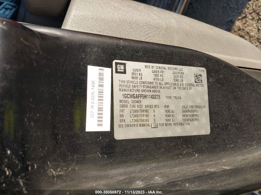 2017 Chevrolet Express 2500 Work Van VIN: 1GCWGAFF5H1143278 Lot: 38050572