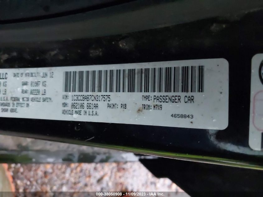 2012 Chrysler 200 Lx VIN: 1C3CCBAB7CN317575 Lot: 38050908