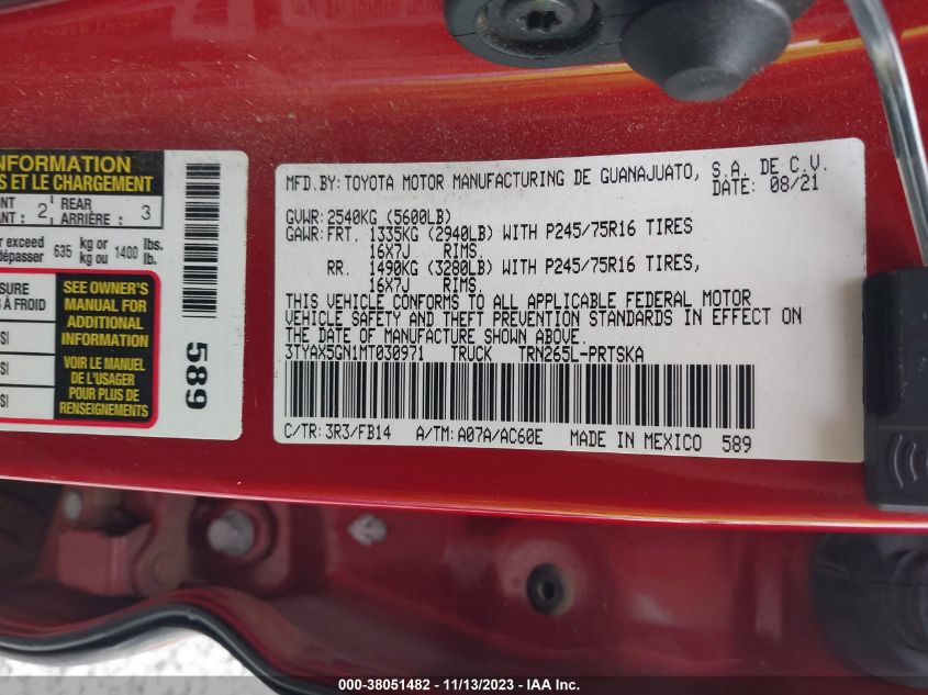 2021 Toyota Tacoma Sr VIN: 3TYAX5GN1MT030971 Lot: 38051482