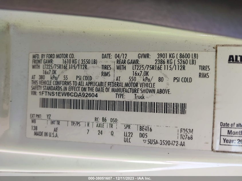 2012 Ford E-150 Commercial VIN: 1FTNS1EW6CDA92604 Lot: 38051607