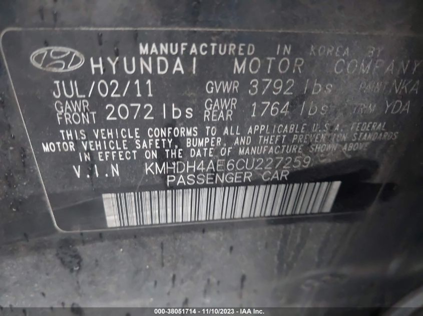 2012 Hyundai Elantra Limited (Ulsan Plant) VIN: KMHDH4AE6CU227259 Lot: 38051714