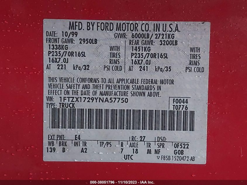 2000 Ford F-150 Work Series/Xl/Xlt VIN: 1FTZX1729YNA57750 Lot: 38051796