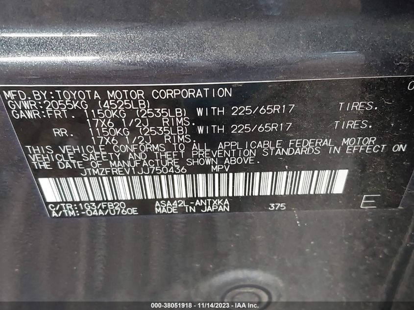 JTMZFREV1JJ750436 2018 Toyota Rav4 Le