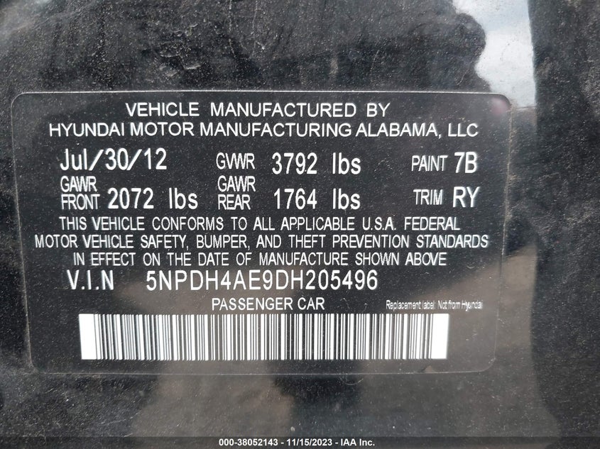 2013 Hyundai Elantra Limited VIN: 5NPDH4AE9DH205496 Lot: 38052143