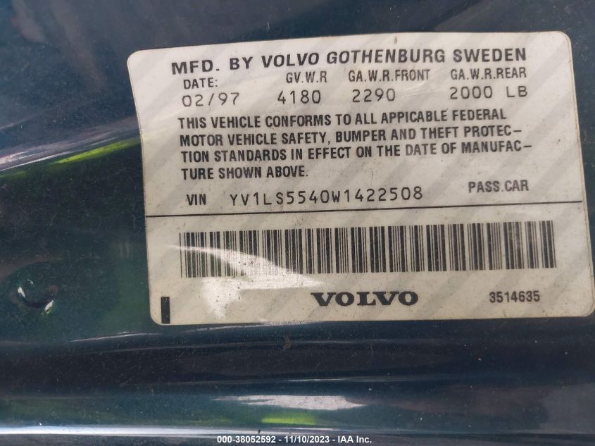 1998 Volvo S70 Gtas/Gtms VIN: YV1LS5540W1422508 Lot: 38052592