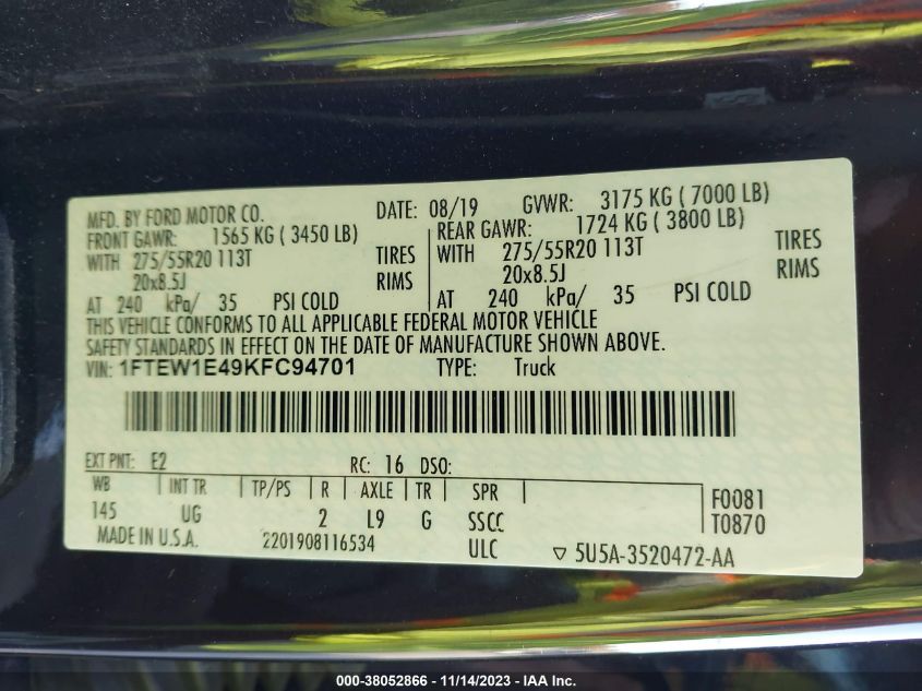 2019 Ford F-150 Xlt VIN: 1FTEW1E49KFC94701 Lot: 38052866