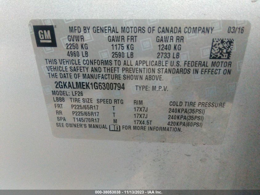 2016 GMC Terrain Sle VIN: 2GKALMEK1G6300794 Lot: 38053038