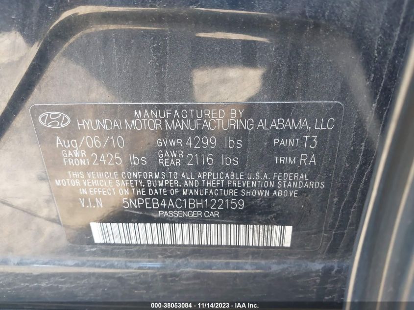 2011 Hyundai Sonata Gls VIN: 5NPEB4AC1BH122159 Lot: 38053084