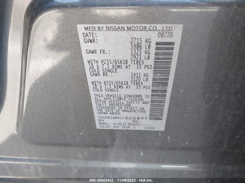 2020 Nissan Pathfinder S 4Wd VIN: 5N1DR2AM4LC626847 Lot: 38053432