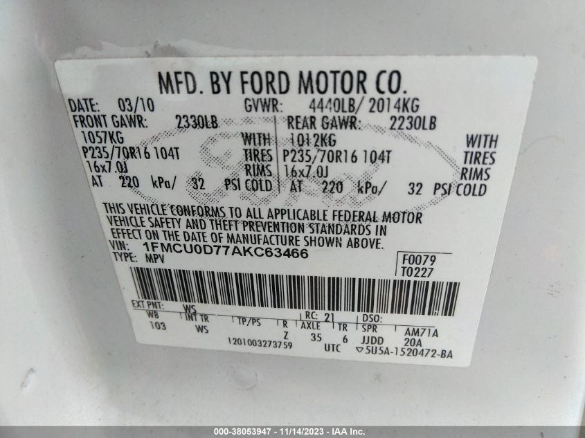 2010 Ford Escape Xlt VIN: 1FMCU0D77AKC63466 Lot: 38053947