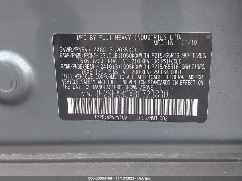 2011 Subaru Forester 2.5X VIN: JF2SHABCXBH723830 Lot: 38054160