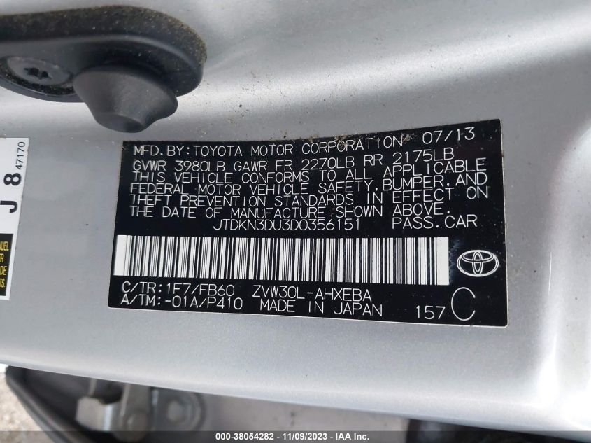 2013 Toyota Prius VIN: JTDKN3DU3D0356151 Lot: 38054282