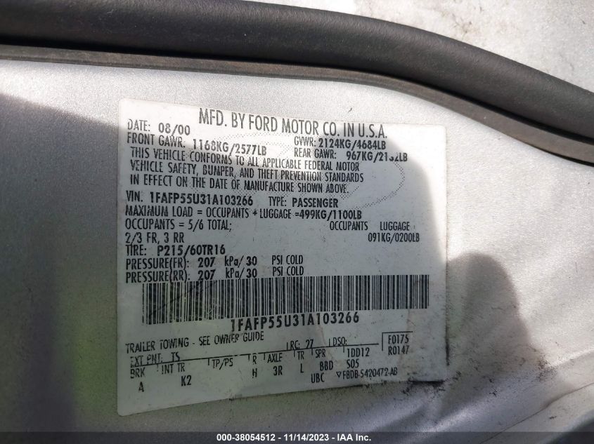 2001 Ford Taurus Ses VIN: 1FAFP55U31A103266 Lot: 38054512