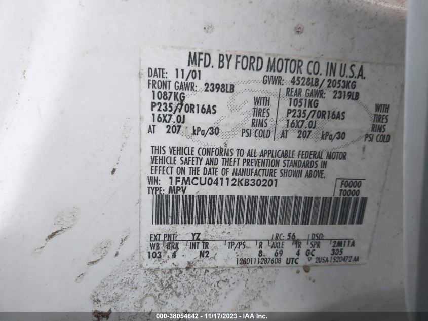 2002 Ford Escape Xlt VIN: 1FMCU04112KB30201 Lot: 38054642