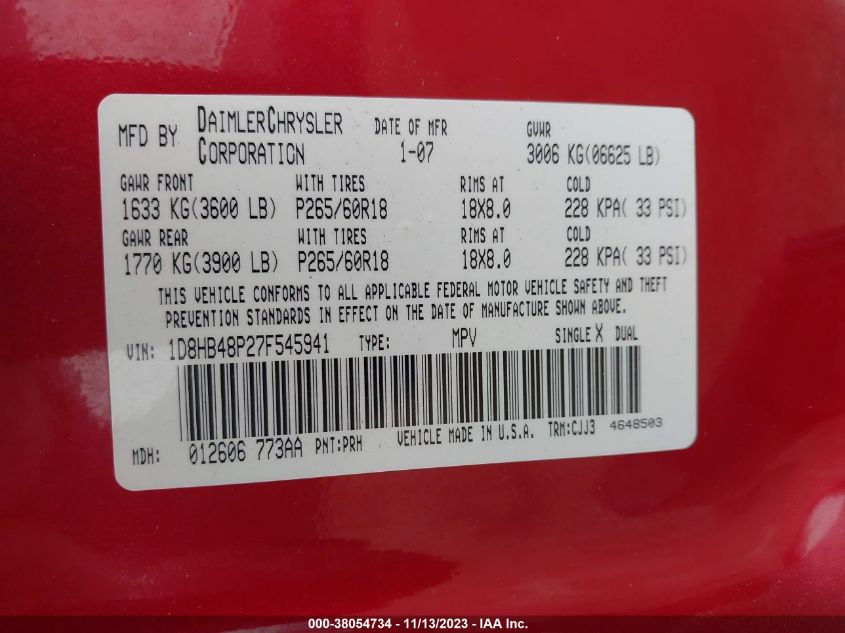 1D8HB48P27F545941 2007 Dodge Durango Slt