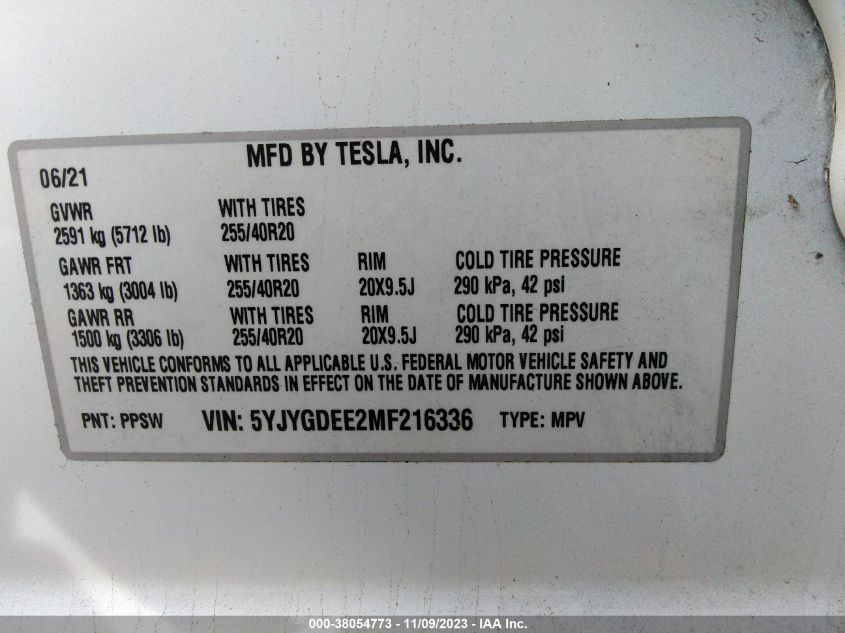 2021 Tesla Model Y Long Range VIN: 5YJYGDEE2MF216336 Lot: 38054773