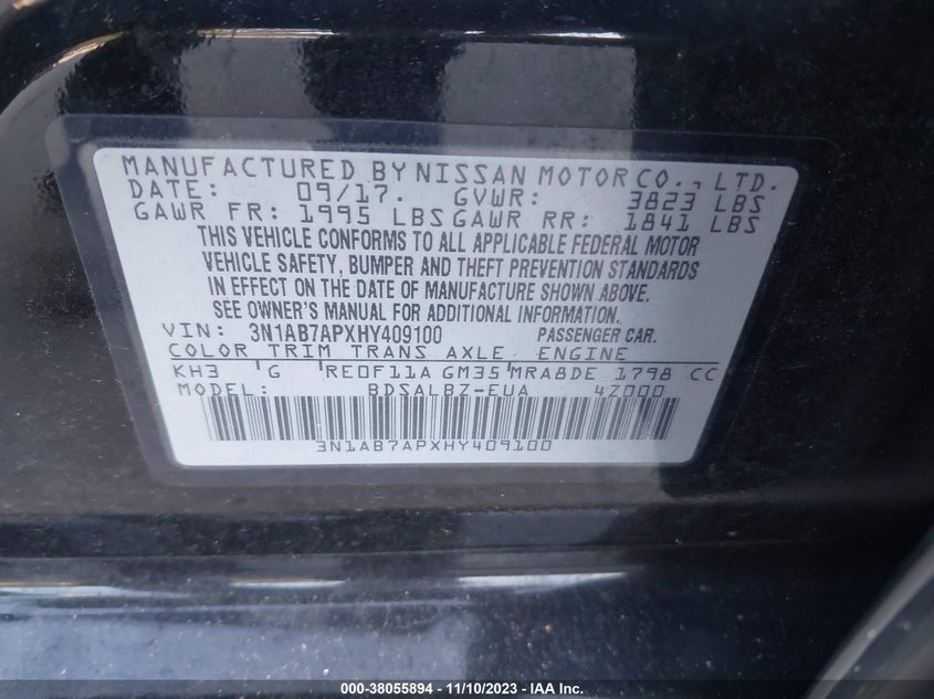 2017 Nissan Sentra S VIN: 3N1AB7APXHY409100 Lot: 38055894