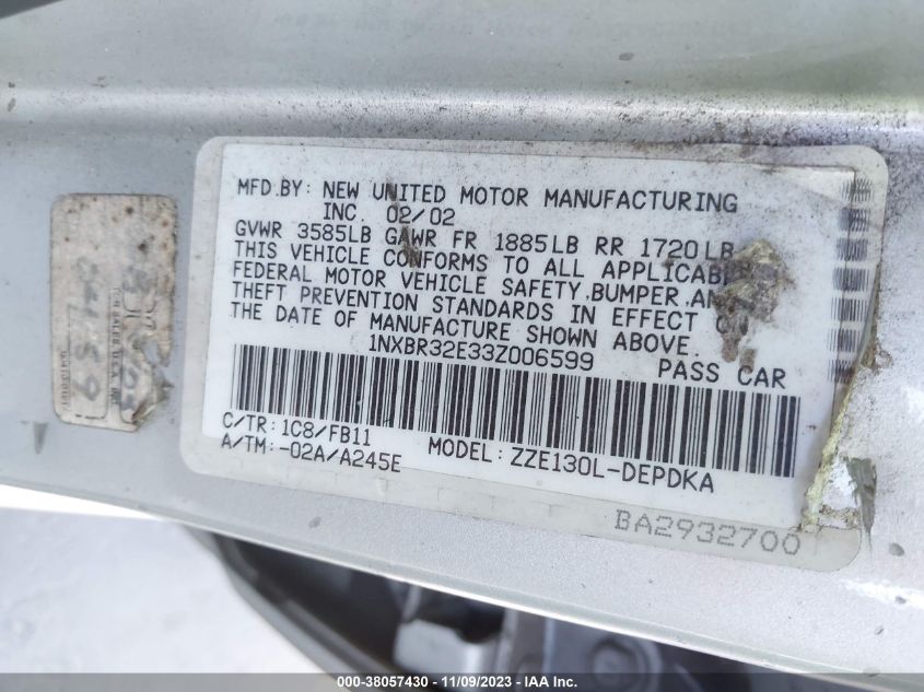 2003 Toyota Corolla Ce VIN: 1NXBR32E33Z006599 Lot: 38057430