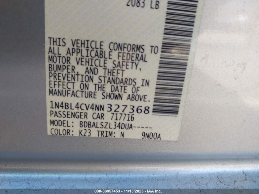 2022 Nissan Altima Sr Fwd VIN: 1N4BL4CV4NN327368 Lot: 38057453