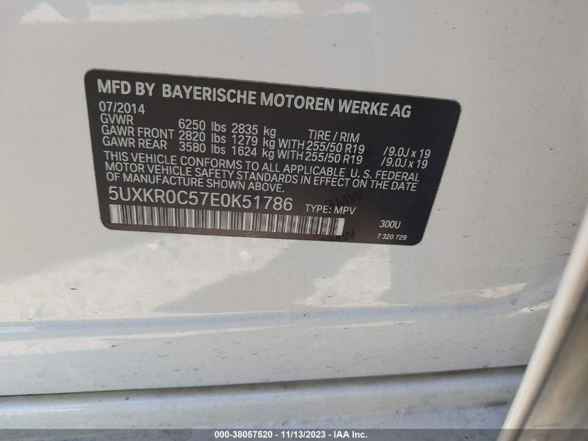 2014 BMW X5 xDrive35I VIN: 5UXKR0C57E0K51786 Lot: 38057520