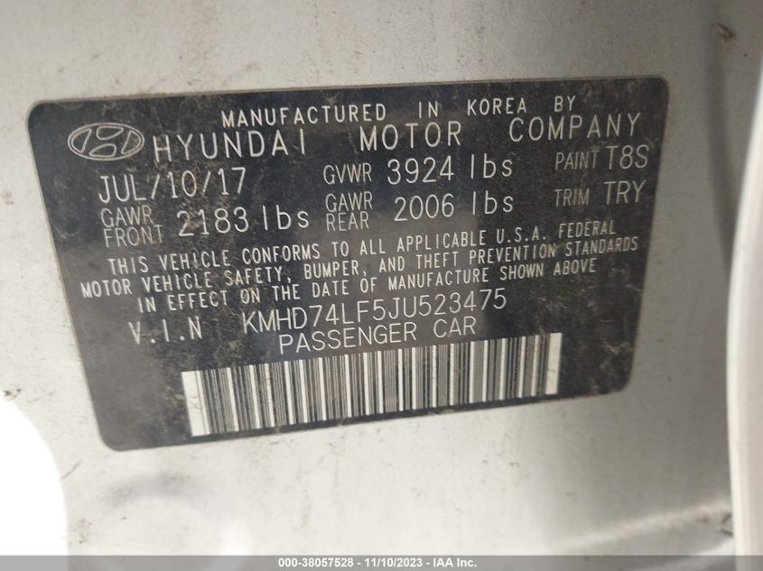 KMHD74LF5JU523475 2018 Hyundai Elantra Se