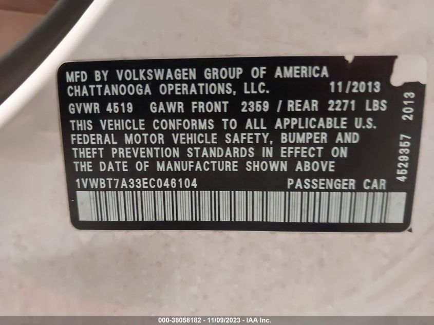 2014 Volkswagen Passat 1.8T Se VIN: 1VWBT7A33EC046104 Lot: 38058182