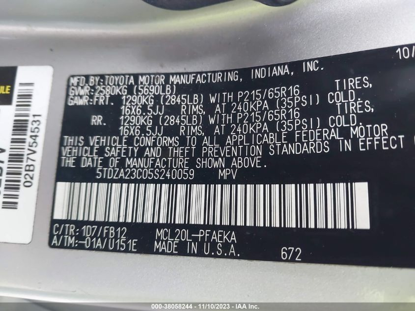 2005 Toyota Sienna Le VIN: 5TDZA23C05S240059 Lot: 38058244