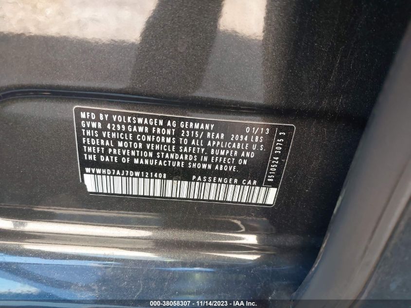 2013 Volkswagen Gti 4-Door VIN: WVWHD7AJ7DW121408 Lot: 38058307