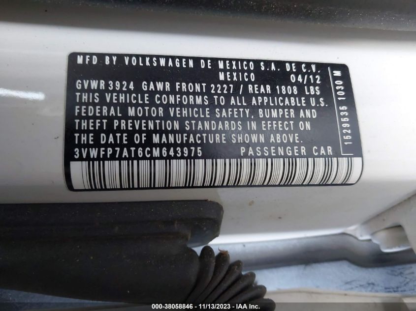 2012 Volkswagen Beetle Entry Pzev VIN: 3VWFP7AT6CM643975 Lot: 38058846