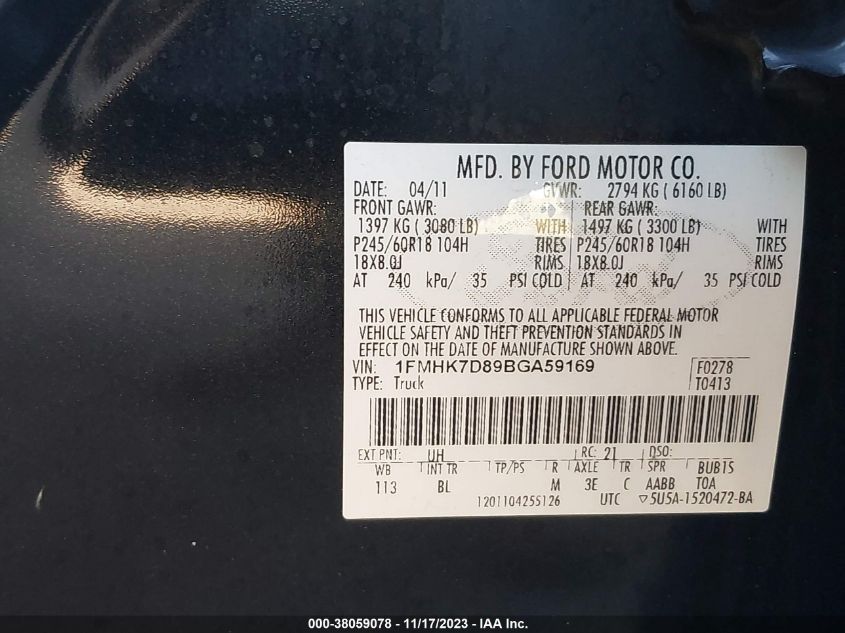 2011 Ford Explorer Xlt VIN: 1FMHK7D89BGA59169 Lot: 38059078